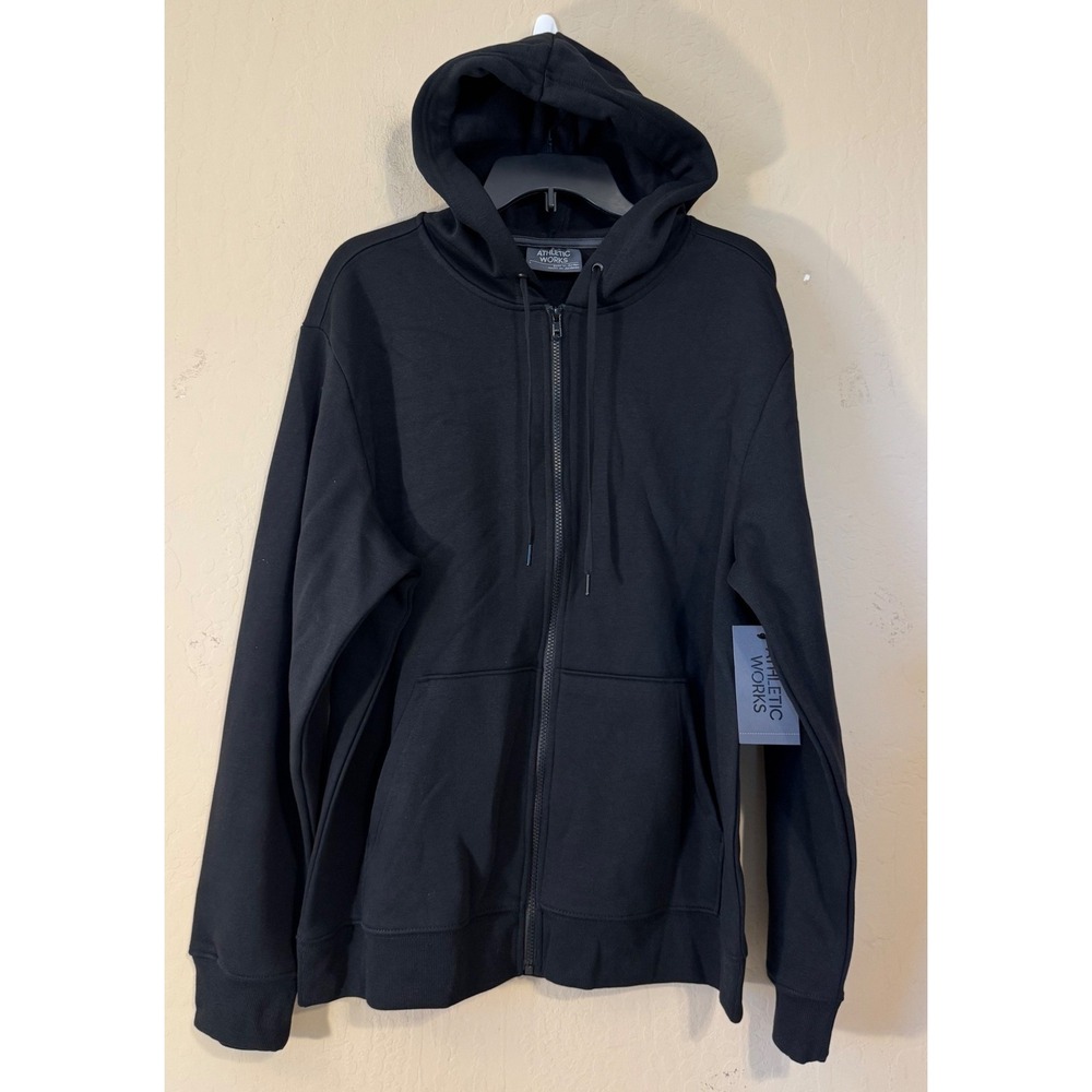 Athletic Works Hoodie Men Large Solid Black Full‎ Zip Fleece Sweater NEW